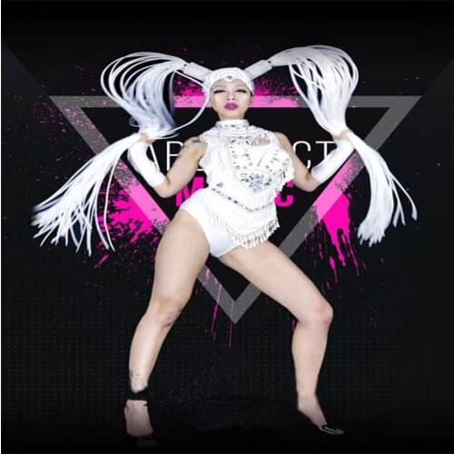 DC18 Singer stage show wears dj dress ballroom dance sexy costumes party outfit clothe long hair headwear performance bodysuit