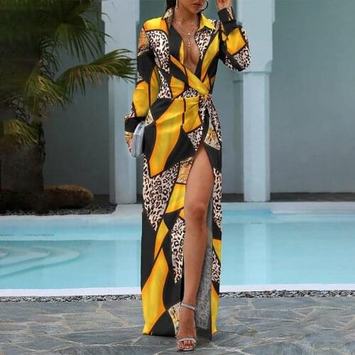 Women Sexy Turn Down Collar Leopard Print Colorblock Twisted High Slit Long Sleeve Elegant Formal Party Bohemian Shirt Dress