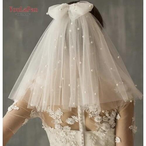 YouLaPan V04 2 Tier Wedding Veil Bow Veil Pearls Bridal Veil Short Veil with Comb White Ivory Veil for Bachelorette Party