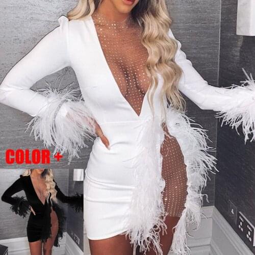 FNOCE 2020 autumn new womens dresses sexy nightclub see-through Mesh Stitching Feather Decoration V-neck Slim tight mini Dress