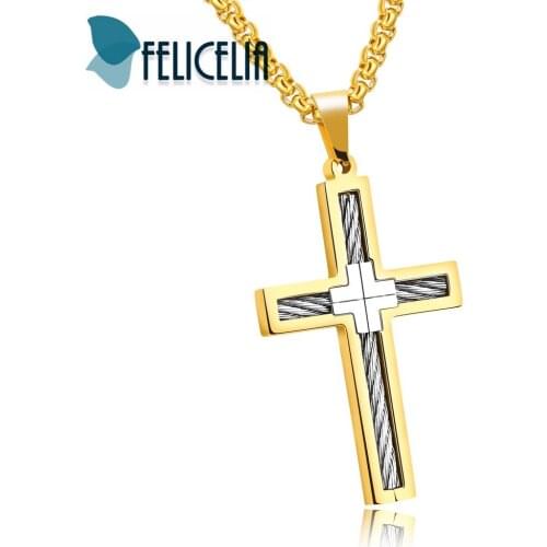 Felicelia Classic Mens Stainless Steel Cross Pendant Necklace 4 Colors Prayer Necklace Religious Jewelry With 21.6 Inches Chain