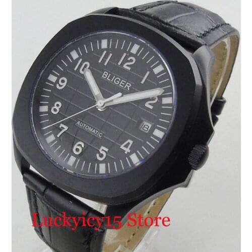 Popular Whole Black PVD Coated 39mm Watch Case Automatic Mens Watch Leather Strap Date Indicator