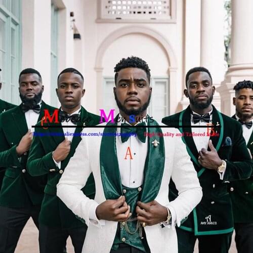 Latest Designs White Men Suit Wedding Suits For Men Green Shawl Collar 3 Pieces Slim Fit Suit Mens Tuxedo (Jacket+ Vest+ Pant)
