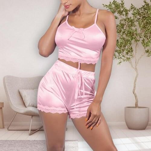 Pajama Set Spaghetti Strap Lace Women 2 Piece Solid Color Sleepwear for Sleeping women sleepwear pyjama set 2021 Black xxxl