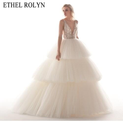Ruffles Tulle A-Line Wedding Dress 2021 V-neck 3D Flowers Crystal Backless ETHEL ROLYN Customized Bridal Gown Vestido De Noiva