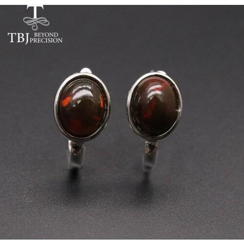 Tbj,Natural Black opal clasp earring oval cut 7*9mm 3.5ct gemstone jewelry 925 sterling silver fine jewelry for owmen mom gift