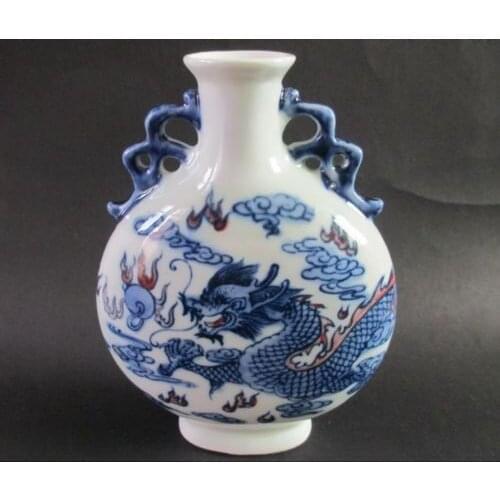 Elaborate Antique Chinese blue and white porcelain dragon oblate vase