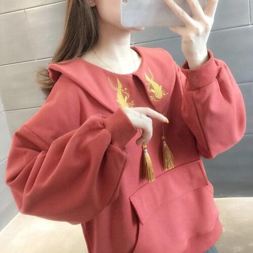 Doll Collar Embroidery Tassel Pendant Big Pocket Spring Autumn Sweatshirt Women Loose Casual Vintage Long Sleeve Pullover Top