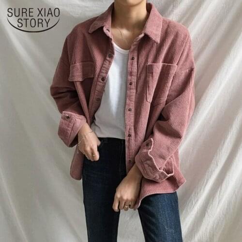 Vintage Corduroy Shirt Women Korean Blouse Femme Loose Boyfriend Style Woman Shirts Casual Asymmetrical Pockets All-match 11537