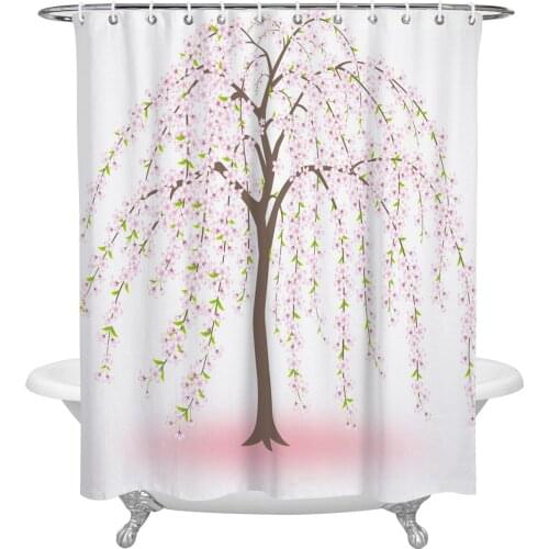Plum Tree Branch Brown Pink Bathroom Shower Curtain Polyester Fabric Waterproof Shower Curtains with Hooks