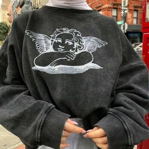 Angel Graphic Print Oversized T-shirt Autumn Vintage Loose Sweatshirt Women Y2K Aesthetic Fairy Gunge Female Tees Pullovers