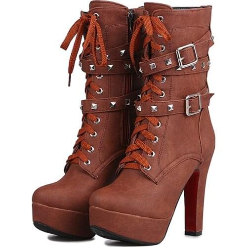 Retro design big size platform leather shoes women mid-calf motorcycle boots studs band double buckle belt ladies booties 43