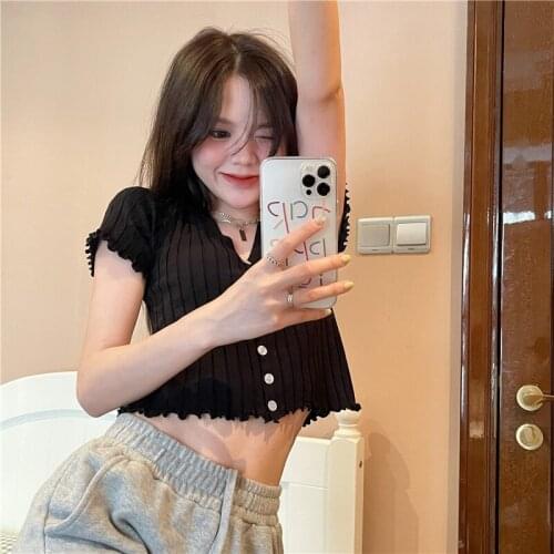 Shirts Womens New Lace V-neck College Style Kids Summer Slim Knit Cardigan Top