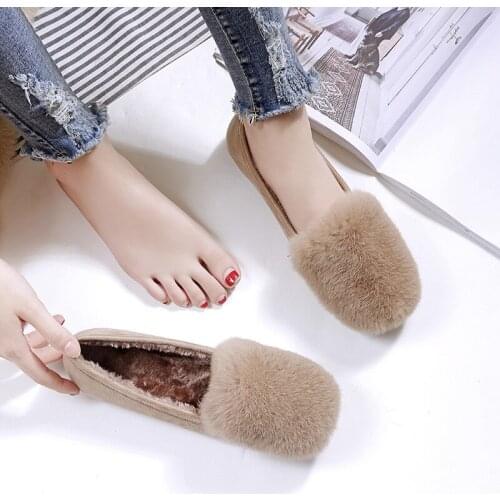 "Women Flats Square Toe Single Shoes 2019 New Winter Female Leisure Rabbit Fur, Soft Bottom Shoes Big Size 40-43 Fur Shoes