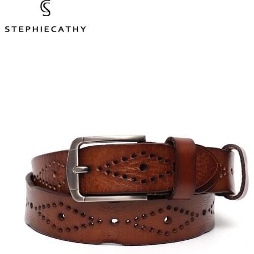 SC Vintage Genuine Leather Women Belt Accessories Luxury Hollow Out Design Metal Buckle Female Real Leather Wide Strap Waistband