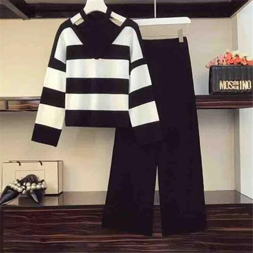 Plus Size Autumn Temperament Suit Chic Halter Striped Sexy Sweater+Wide Leg Pants Two-Piece Set Women Knitted Movement Outfits