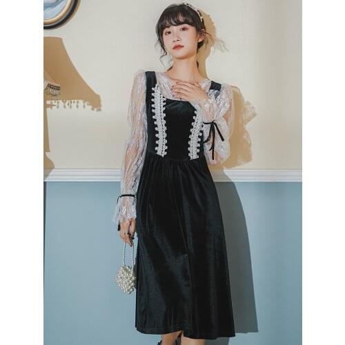 BLLOCUE Women 2020 Autumn Winter New Flower Lace Stitching Velvet Long Sleeve High Waist Elegant Chic Midi Dresses vestidos