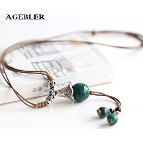 Women Necklace Pendant Creative Boho Style Handmade Woven Sweater Chain Necklace Ceramic Fashion Jewelry Green Beads