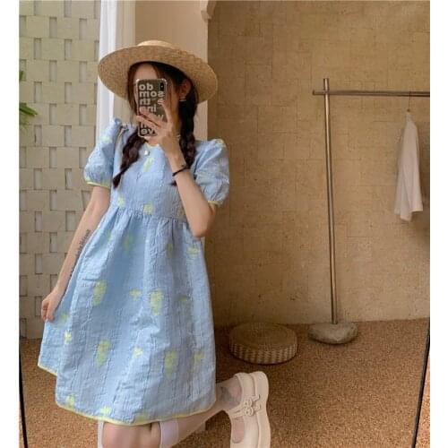Design sweet women three-dimensional jacquard puff sleeve dress high quality blue short sleeve french retro dresses women robe