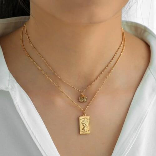 Golden Chain Multi Layers Clavicle Necklace with Avatar Portait Pendant for Women Drop Shipping Jewelry Accessories CN117