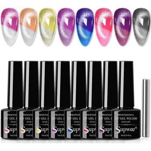 SUPWEE 8Pcs/set Gel Nail Polish Set Thermal 9D Spar Cat Eye Gel Color Change Magnetic Semi Permanent UV Shining Gel Nail Varnish