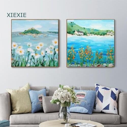 Canvas Painting Cartoon Landscape Seaside Beach Colorful Flowers Nordic Poster Modular Wall Art for Modern Home Decoration