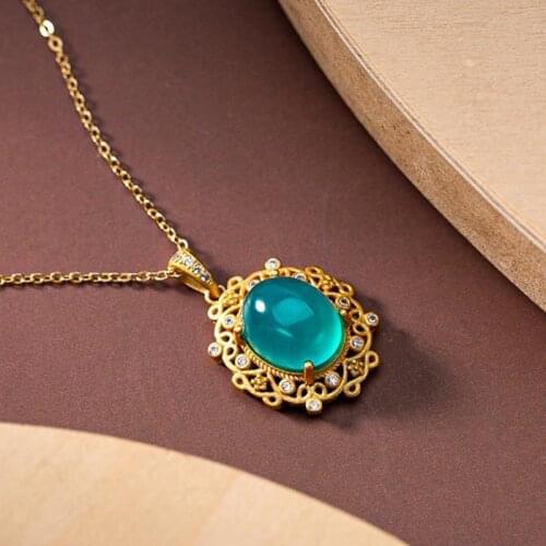 Amazonite Pendant S925 Sterling Silver Lace Inlaid Gilding Necklace Ice-like Rough Stone Blue Crystal Niche Lady Style