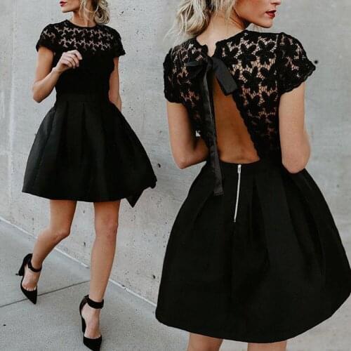 Summer Dress Sexy Open Back Women Short Sleeve Hollow Out Lace A Line Mini Dress Elegant Ladies Evening Party Black Dresses D30