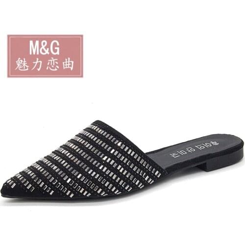 Summer Womens shoes Bling Crystal pointed toe mules shoes women slip slippers antiskid slides rhinestones closed toe slippers