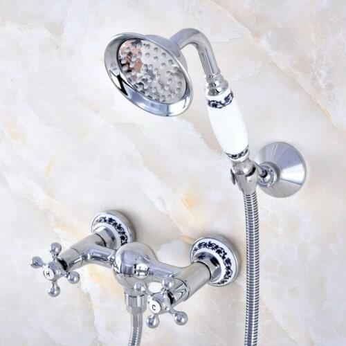 Wall Mount Polished Chrome Brass Bathroom Two Cross Handles Hand Shower Faucet Mixer Tap Set Telephone Shape Hand Spray ana772