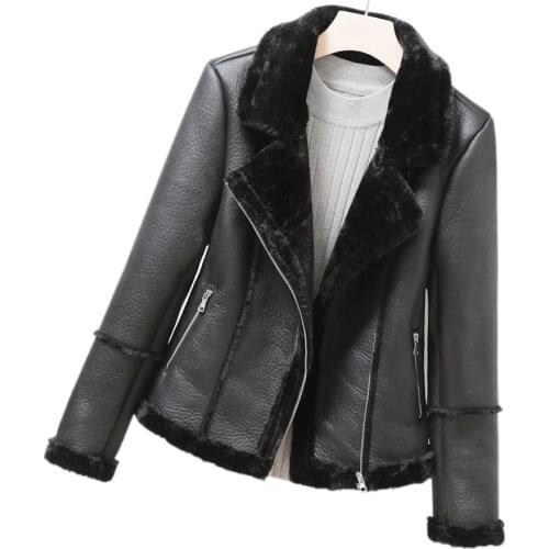 2020 New Winter Faux Shearling Sheepskin Coats Women Thick Warm Pu Faux Lamb Leather Jacket Black Motorcycle Female Overcoat Top