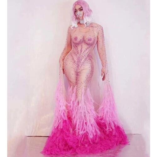 New Women Birthday Celebrate Prom Dress Rose Rhinestone Mesh Fringe Tail Floor-Length Dress Evening Party Show Dresses DN7262