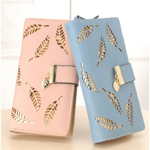 NEW Women Purse Female Gold Hollow Leaves Pouch Wallet Fashion Long PU Leather Clutch Women Card Holder Purses Ladies Coin Purse