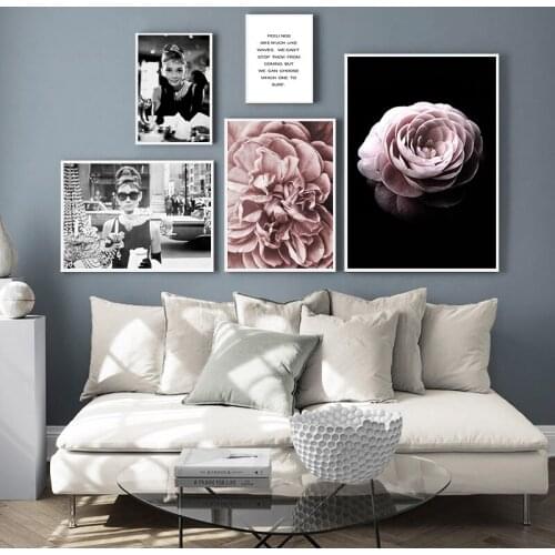 Audrey Hepburn Black White Fashion Canvas Wall Art Print Flower Painting Motivational Decorative Picture Modern Decor
