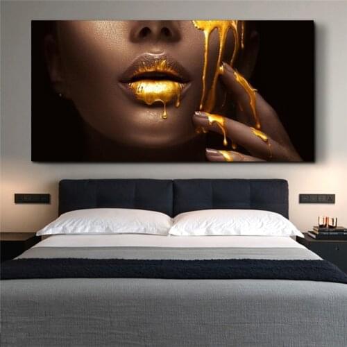 Golden African Woman Face Canvas Art Posters Sexy Lips Canvas Paintings on The Wall Art Pictures for Modern Living Room Decor
