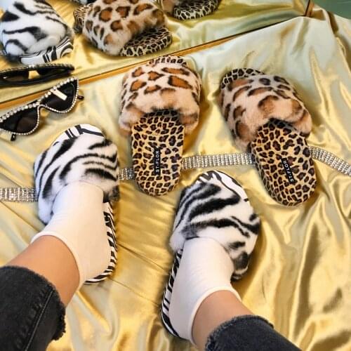 Fluffy Leopard Zebra Animal Print Sexy Slippers Faux Fur Slides Round Toe Slip on Flip Flops PVC Size 37-41 Fashion Ladies Shoes