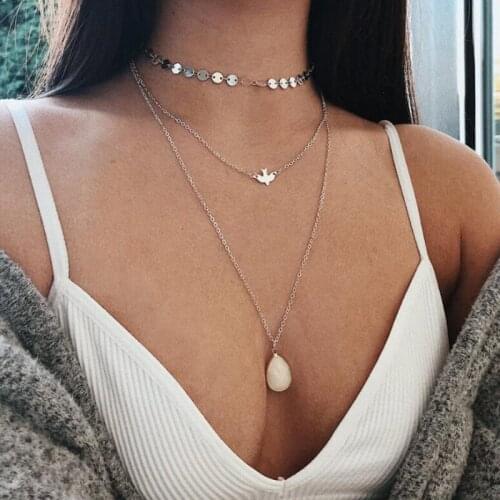 Tocona Luxury Water Drop Rhinestone Pendant Necklace New Trendy Wafer Pigeon Multi-layer Alloy Jewelry for Women Collar 9753