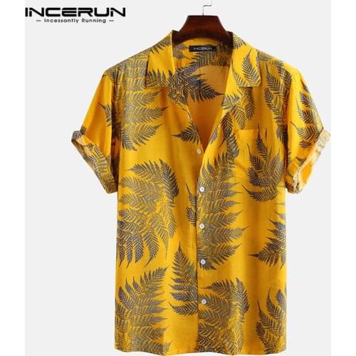 INCERUN Men Short Sleeve Lapel Printed Shirt Tropical Leaf Pattern Floral Shirt Casual Summer Hawaiian Holiday Camisa Tops S-5XL