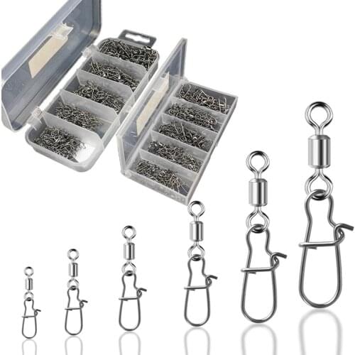 210/95Pcs Strong Stainless Fishing Rolling Swivel Connector Fishing Tools Set Snap Hooks Lure Connector Sea Rock Snaps Tackle