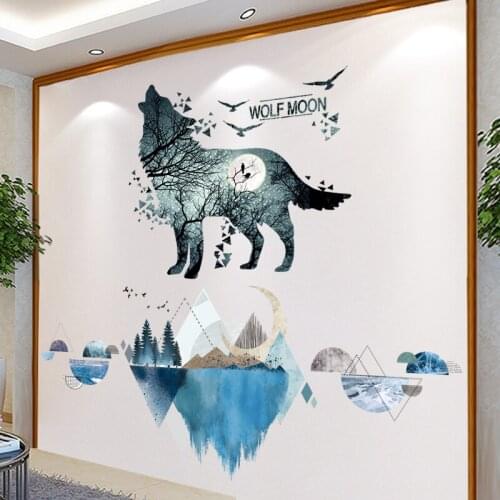 [SHIJUEHEZI] Rivers Mountains Wall Stickers DIY Wolf Animal Mural Decals for Living Room Bedroom Home Decoration Accessories