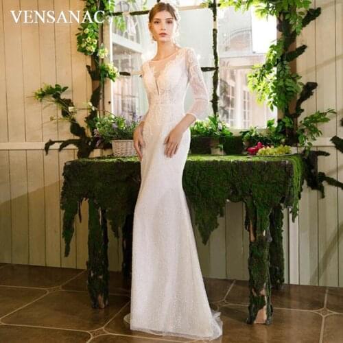 VENSANAC Illusion O Neck Lace Appliques Mermaid Wedding Dresses Sequined Sweep Train Zipper Backless Bridal Gowns