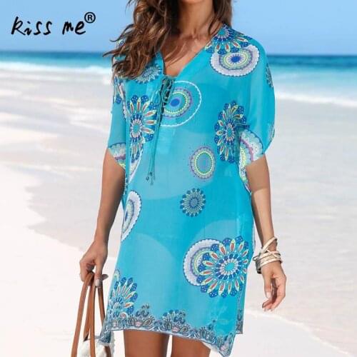 Vintage lace up v neck beach dress hollow beach cover up chiffon womens tunic blue printed flower beachwear summer for women