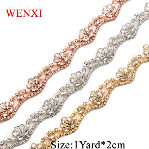WENXI (1 YARD) Handmade Bridal Sash Beaded Sewing Rose Gold Crystal Rhinestone Applique Trim Iron On For Wedding Dress WX810