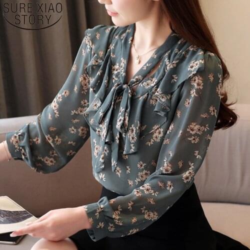 2020 Spring New Long Sleeve V-neck Elegant Print Chiffon Shirt Korean Loose Ruffle Bow Blouse Women Blusas Mujer De Moda 8907 50