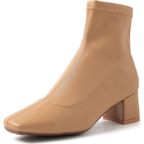 2020 Autumn Winter Boots Women Stretch Square Toe Thick Heel Mid-heel Shoes Leather Brand Design Short Womens Ankle Boots