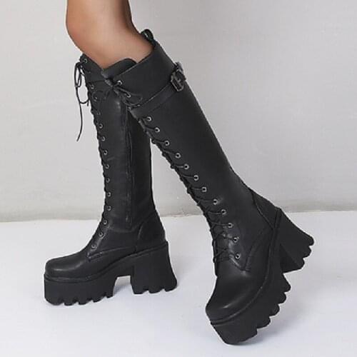 Chunky Knee High Boots Women Platform Heels PU Leather Black Retro Punk Long Boots Female Lace Up Demonia Boots 2021 New Autumn