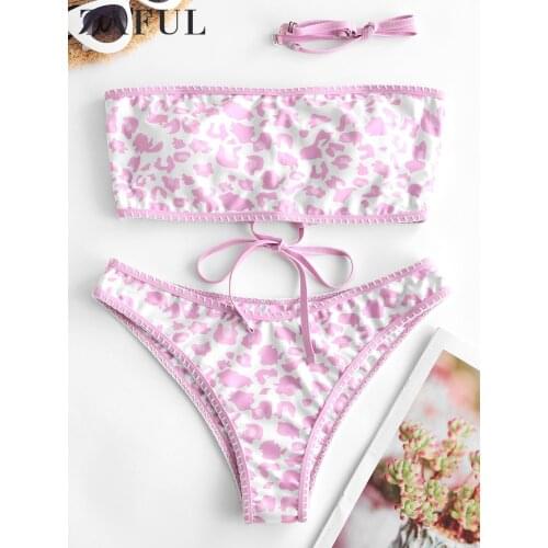 ZAFUL Lace-up Leopard Bandeau Bikini Set Animal Print Women Swimsuit Summer Sexy Beach Bathing Suit Female Brazilian Biquini