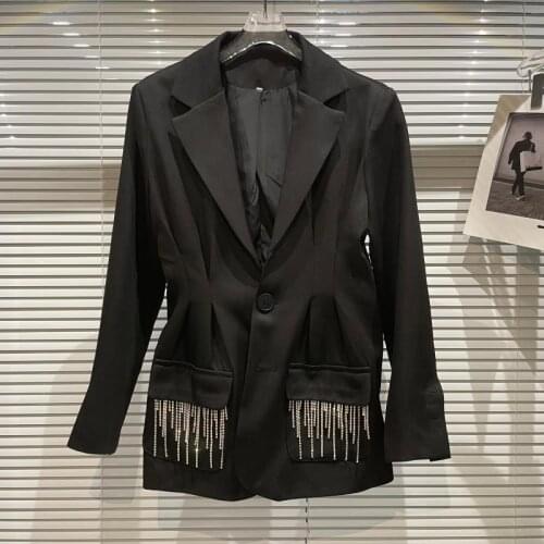 European Autumn New Notched Hem Rhinestone Chain Designer Waist Temperament Suit Jacket Women Coats Fashion Streetwear 2021