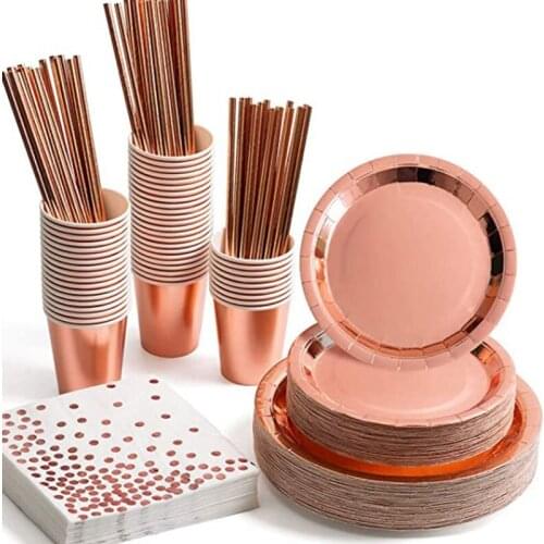 10pcs/Bag Paper Plate Straws Rose Gold Champagne Cup Disposable Tableware Festive Birthday Party Decor