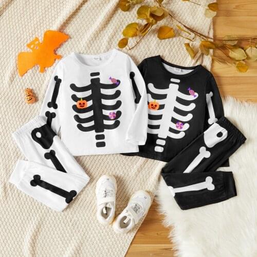 PatPat 2-piece Toddler Boy Halloween Pumpkin Bone Print Pullover and Elasticized Pants Set